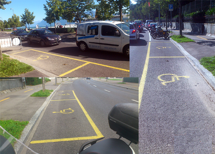 places de stationnement réservées du Quai d'Ouchy, face au Musée Olympique ä Lausanne... aussi petites qu'absurdes ! Inutilisables !