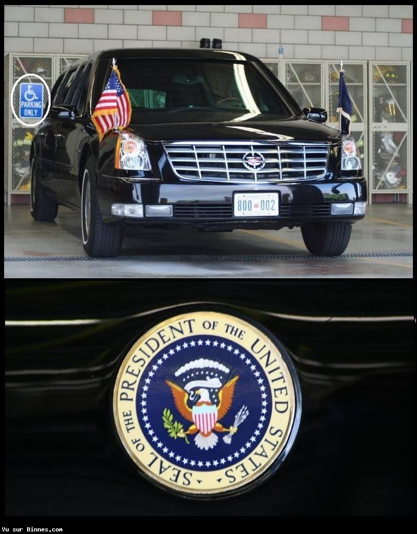 United States' President on a disabled parking place... True shame or fake ? Le president des E‰tats Unis parquant la voiture officielle sur une place reservee pour personnes handicapees... Vraie photo scandaleuse ou image truquee ?