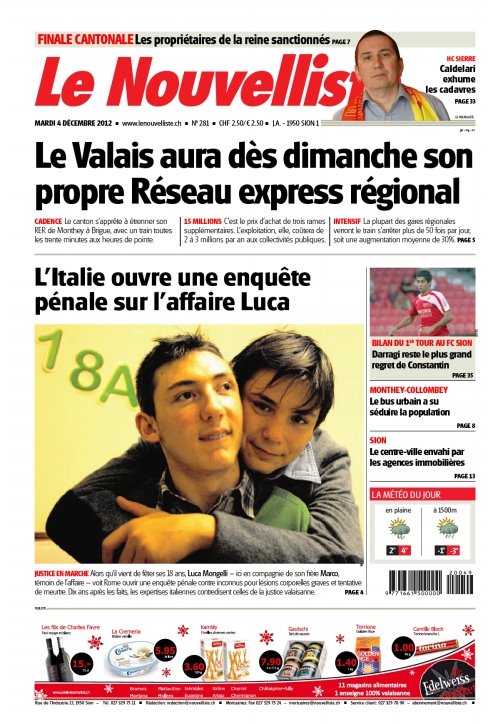 Couverture du Journal valaisan Le Nouvelliste du 4 décembre 2012